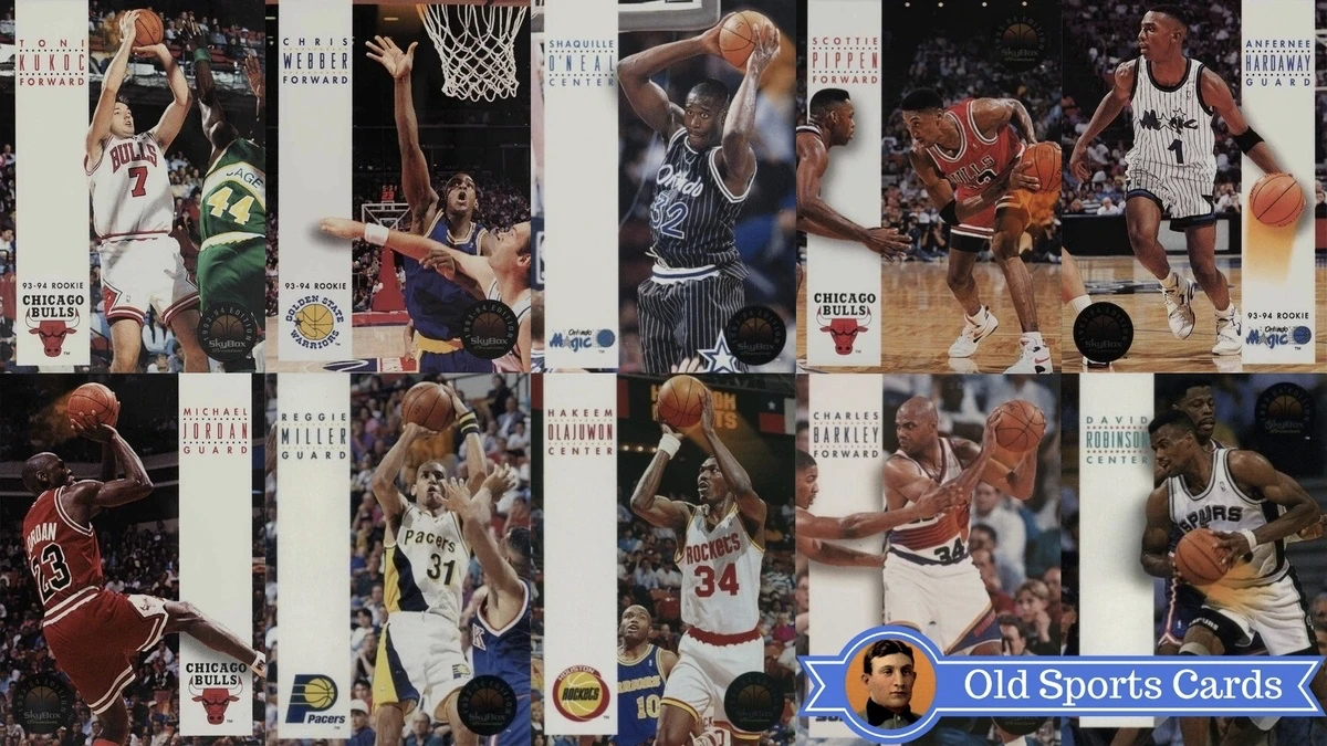 A collage of the most valuable cards from the 1993 SkyBox Premium Basketball sports card set.