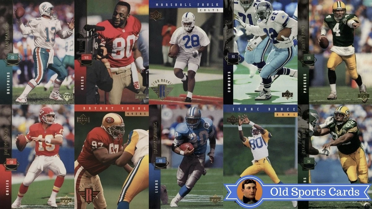 A collage of the most valuable cards from the 1994 Upper Deck Football sports card set.