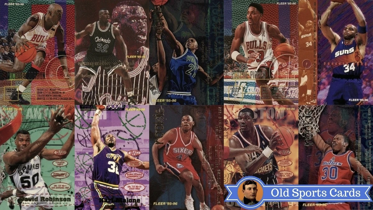 A collage of the most valuable cards from the 1995 Fleer Basketball sports card set.