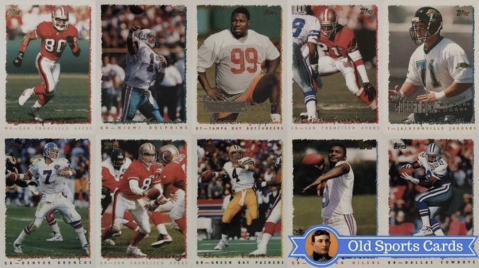 A collage of the most valuable cards from the 1995 Topps Football sports card set.