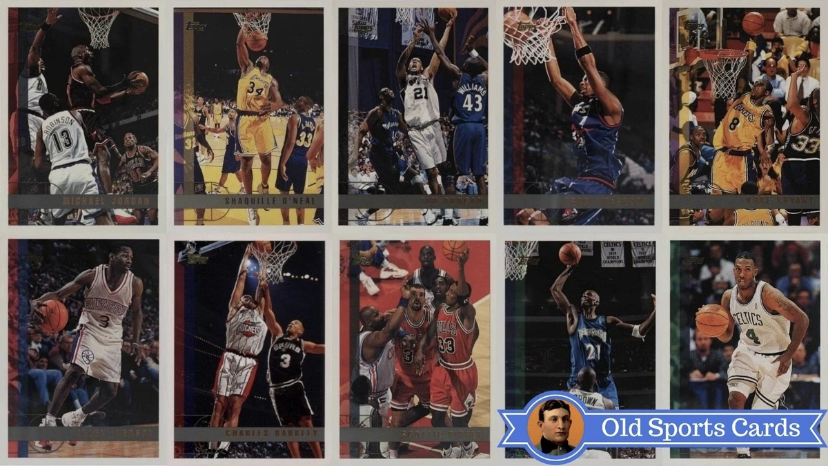 A collage of the most valuable cards from the 1997 Topps Basketball sports card set.