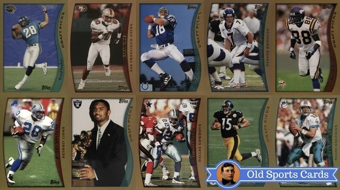 A collage of the most valuable cards from the 1998 Topps Football sports card set.