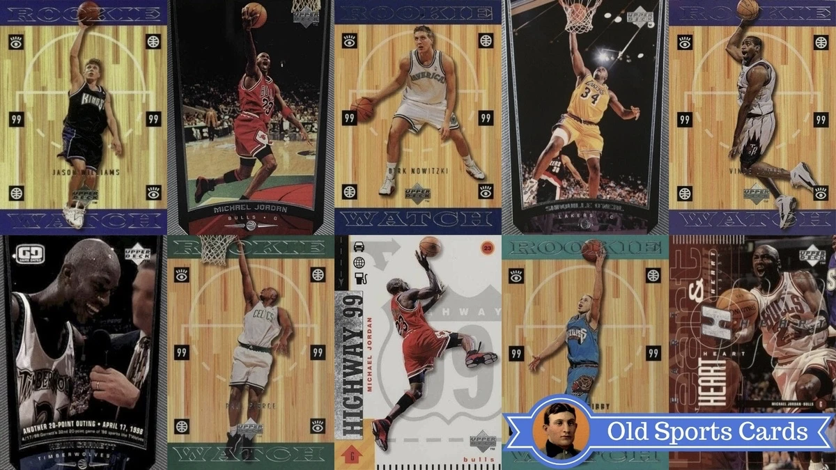 A collage of the most valuable cards from the 1998 Upper Deck Basketball sports card set.