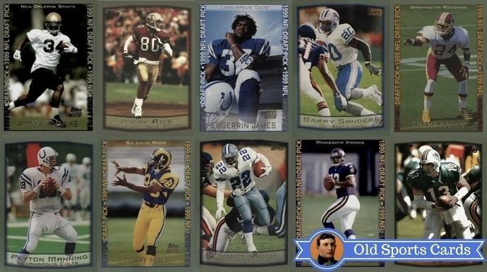 A collage of the most valuable cards from the 1999 Topps Football sports card set.