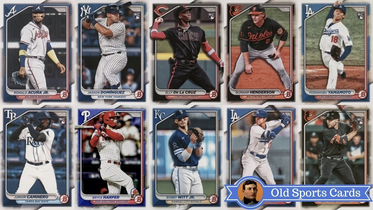 A collage of the most valuable cards from the 2024 Bowman Baseball sports card set.