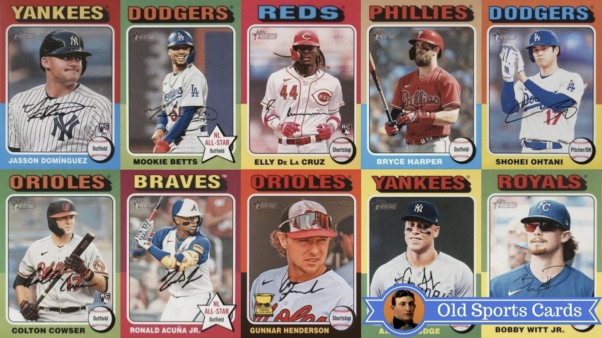 A collage of the most valuable cards from the 2024 Topps Heritage Baseball sports card set.