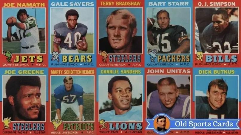A collage of the most valuable cards from the 1971 Topps Football sports card set.