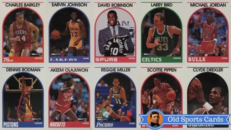 A collage of the most valuable cards from the 1989 NBA Hoops Basketball sports card set.