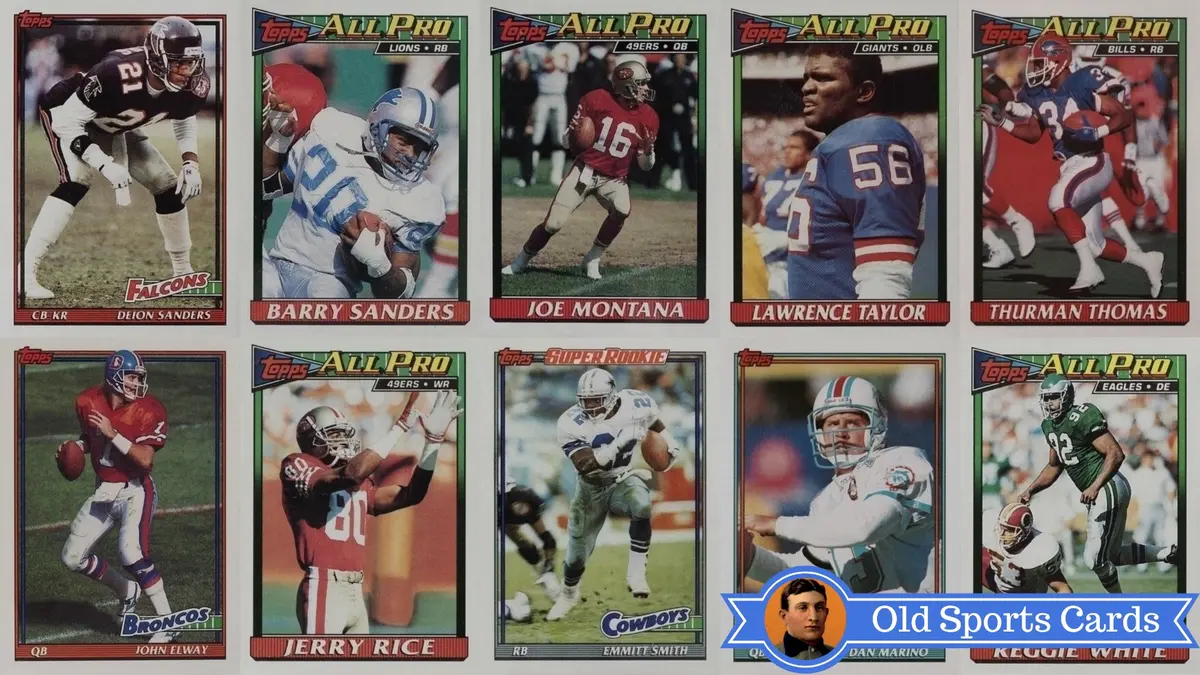 A collage of the most valuable cards from the 1991 Topps Football sports card set.