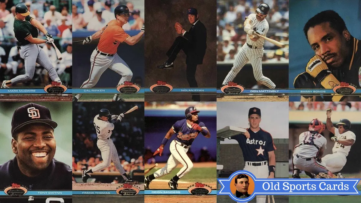 A collage of the most valuable cards from the 1991 Topps Stadium Club Baseball sports card set.