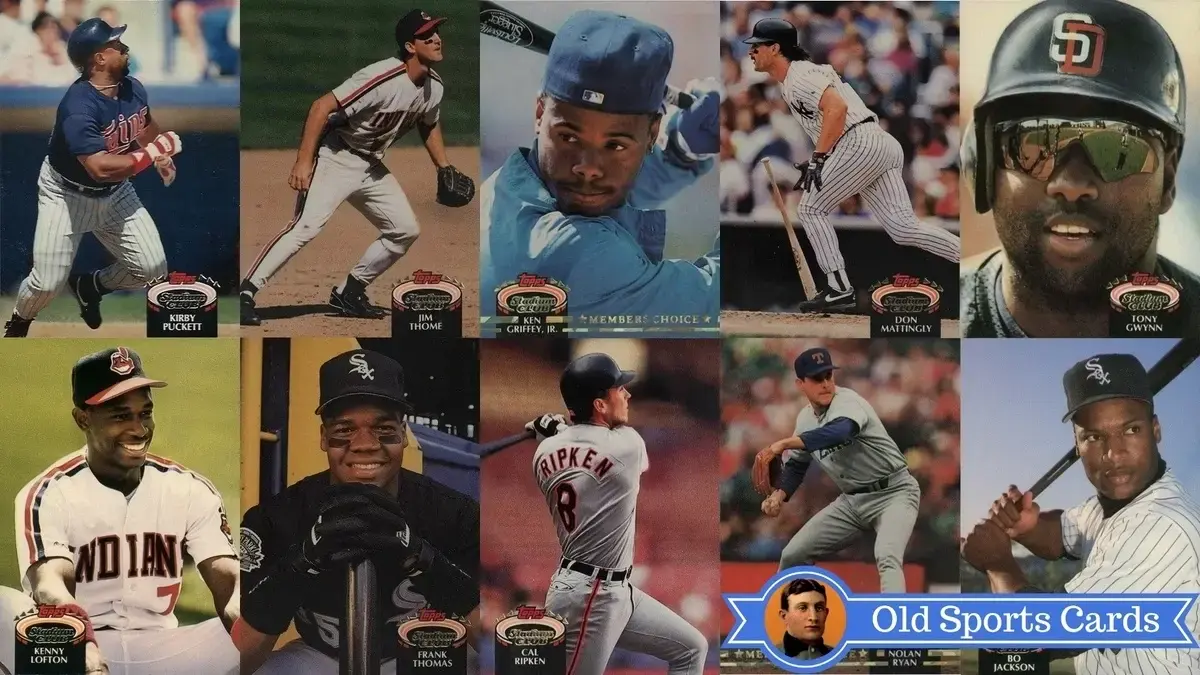 A collage of the most valuable cards from the 1992 Topps Stadium Club Baseball sports card set.