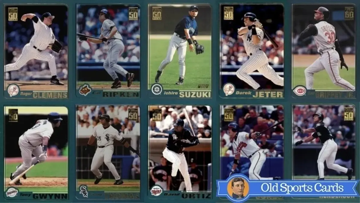 A collage of the most valuable cards from the 2001 Topps Baseball sports card set.