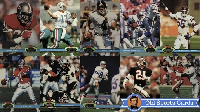A collage of the most valuable cards from the 1991 Topps Stadium Club Football sports card set.