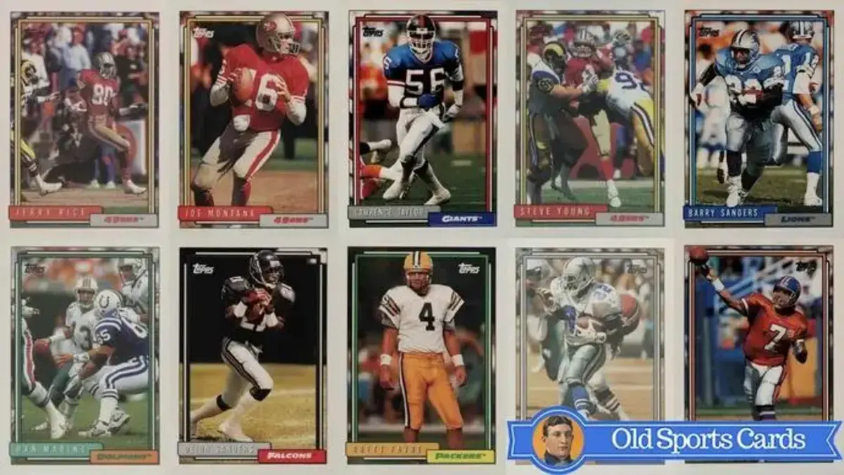 A collage of the most valuable cards from the 1992 Topps Football sports card set.
