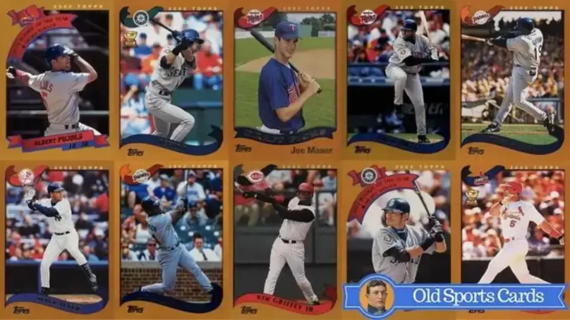 A collage of the most valuable cards from the 2002 Topps Baseball sports card set.