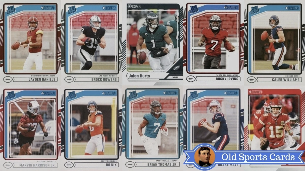 A collage of the most valuable cards from the 2024 Donruss Football sports card set.