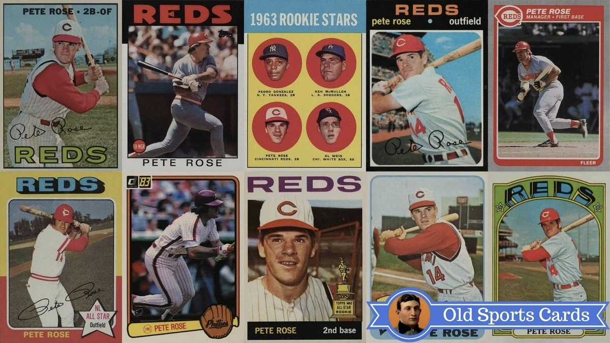 Pete Rose baseball cards collection featuring rookie and career highlights