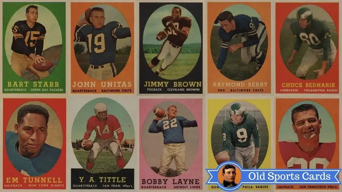 A collage of the most valuable cards from the 1958 Topps Football sports card set.
