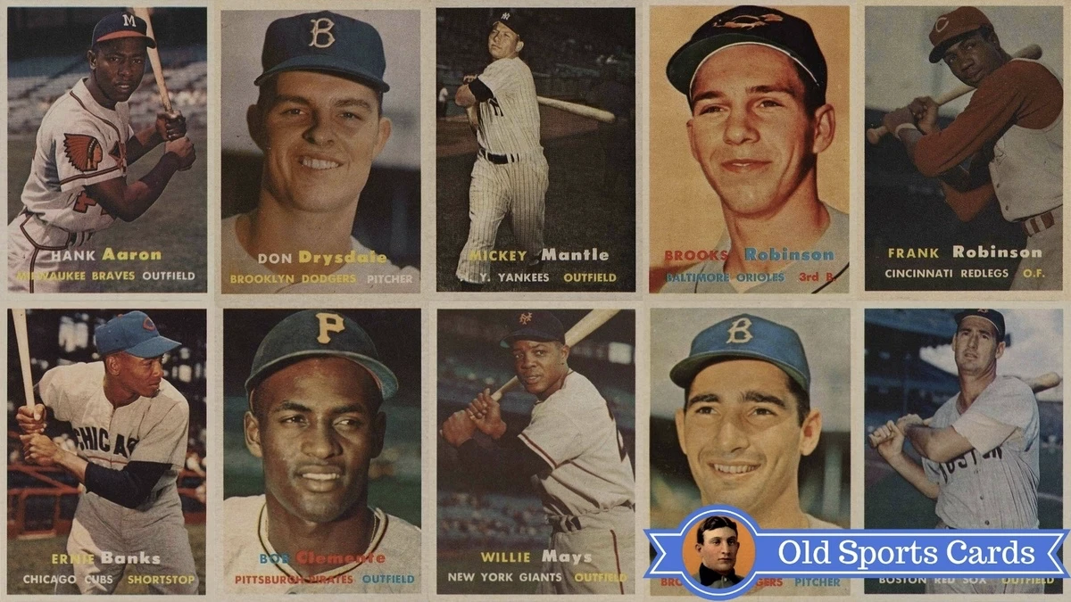 A collage of the most valuable cards from the 1957 Topps Baseball sports card set.