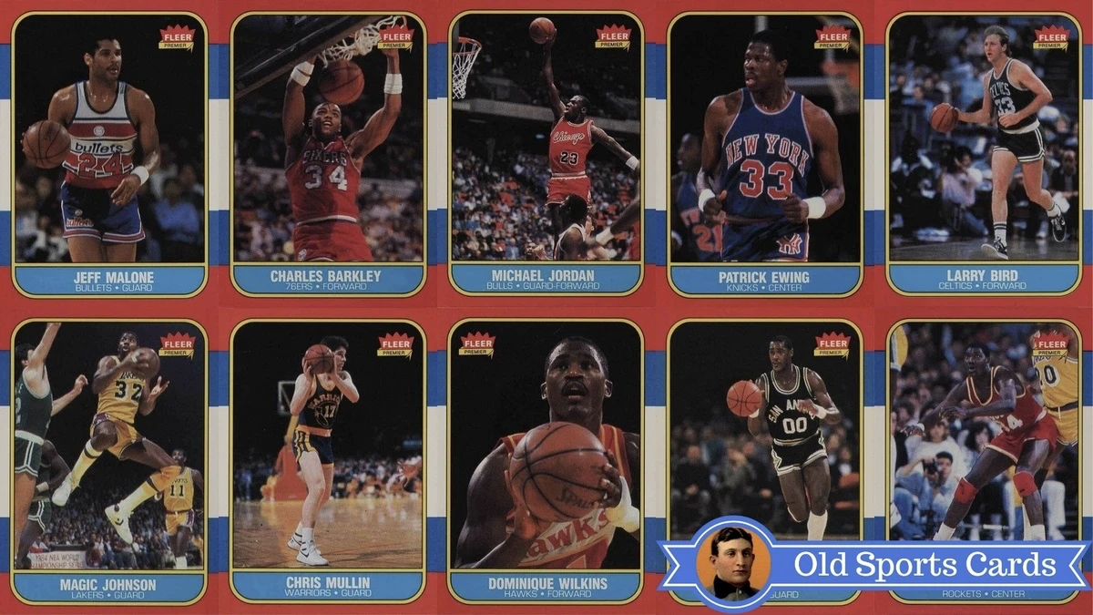 A collage of the most valuable cards from the 1986 Fleer Basketball sports card set.