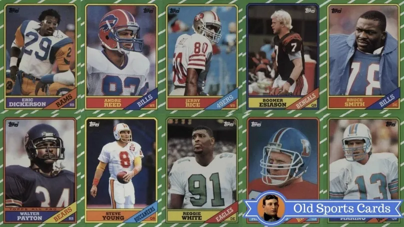 A collage of the most valuable cards from the 1986 Topps Football sports card set.