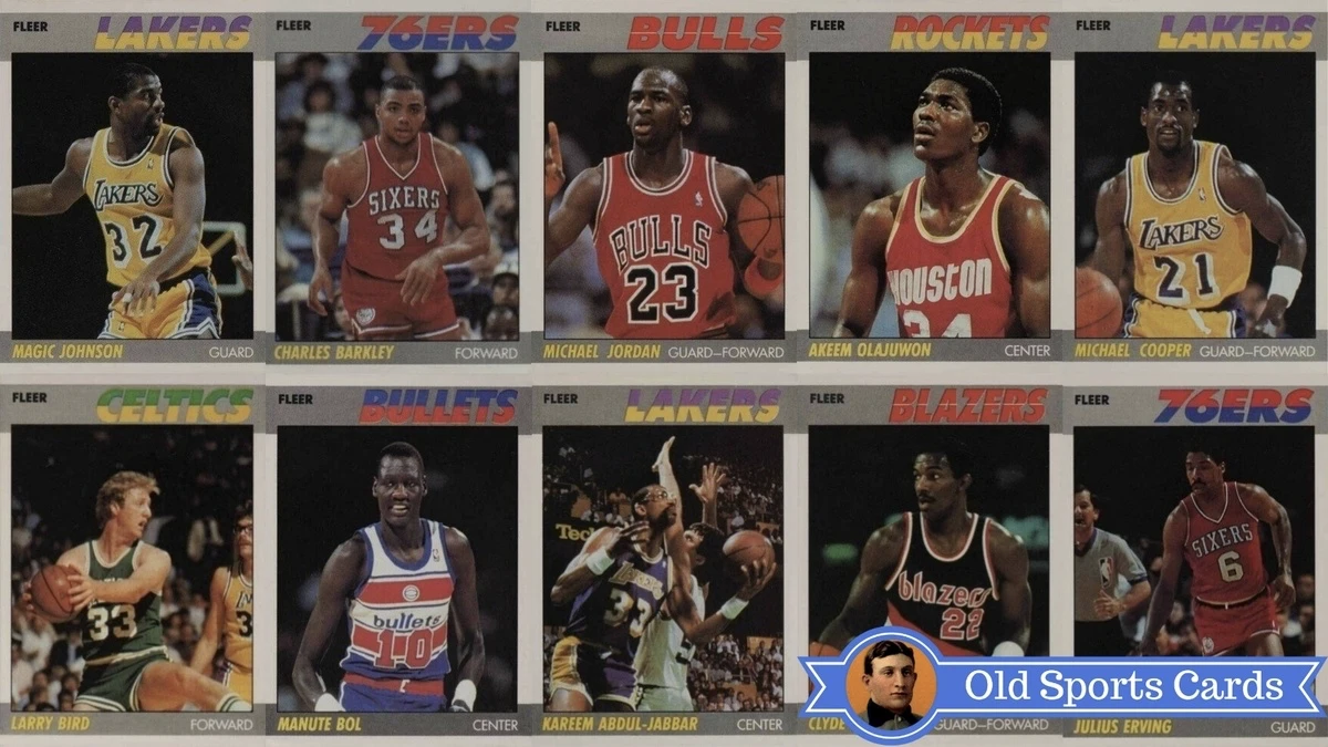 A collage of the most valuable cards from the 1987 Fleer Basketball sports card set.