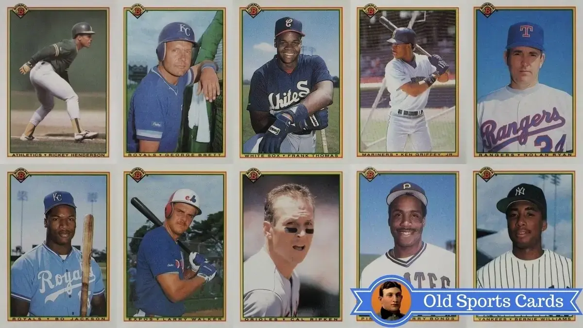 A collage of the most valuable cards from the 1990 Bowman Baseball sports card set.