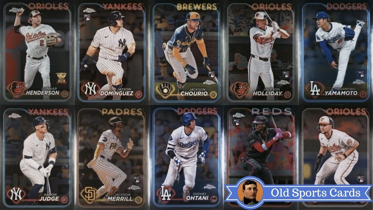 A collage of the most valuable cards from the 2024 Topps Chrome Baseball sports card set.