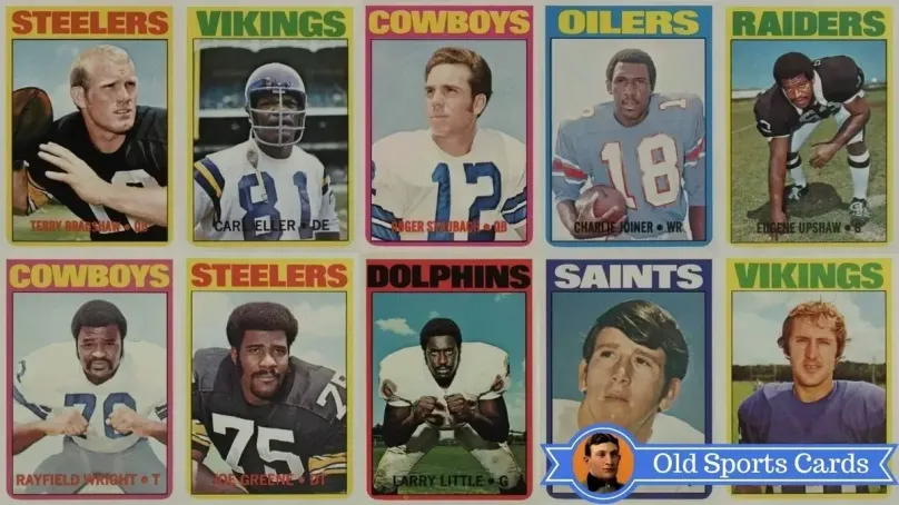 A collage of the most valuable cards from the 1972 Topps Football sports card set.