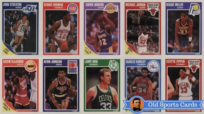 A collage of the most valuable cards from the 1989 Fleer Basketball sports card set.