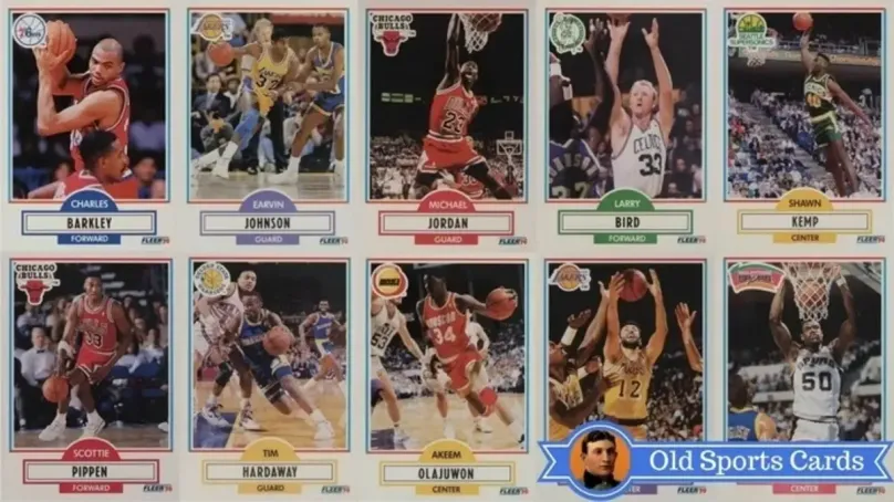 A collage of the most valuable cards from the 1990 Fleer Basketball sports card set.