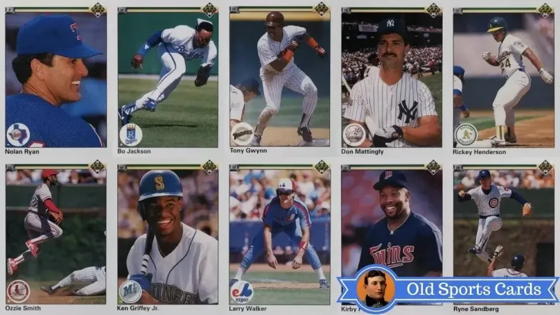 A collage of the most valuable cards from the 1990 Upper Deck Baseball sports card set.