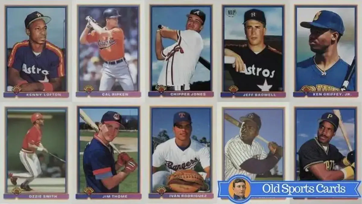 A collage of the most valuable cards from the 1991 Bowman Baseball sports card set.