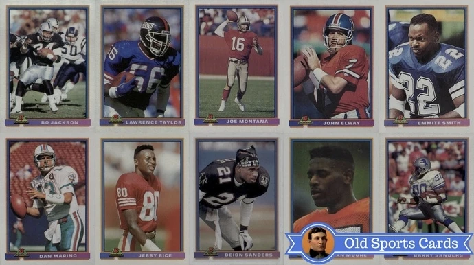 A collage of the most valuable cards from the 1991 Bowman Football sports card set.
