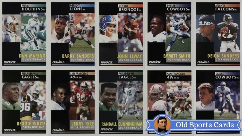 A collage of the most valuable cards from the 1991 Pinnacle Football sports card set.
