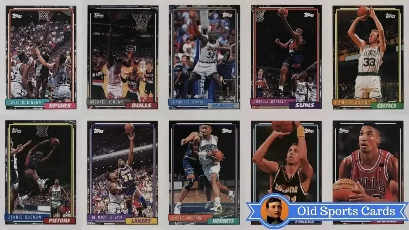 A collage of the most valuable cards from the 1992 Topps Basketball sports card set.