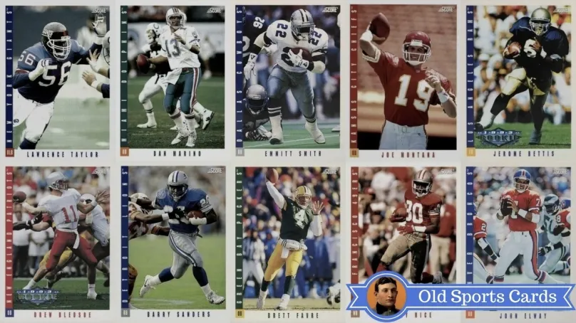 A collage of the most valuable cards from the 1993 Score Football sports card set.