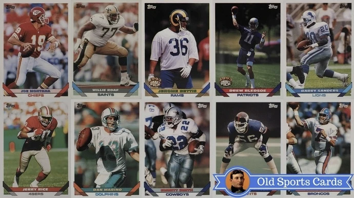 A collage of the most valuable cards from the 1993 Topps Football sports card set.