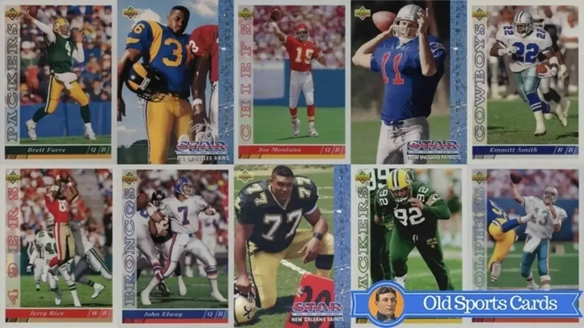 A collage of the most valuable cards from the 1993 Upper Deck Football sports card set.