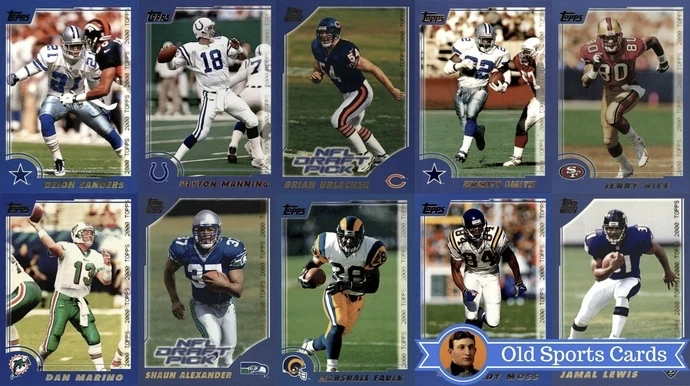 A collage of the most valuable cards from the 2000 Topps Football sports card set.