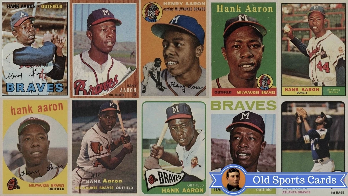 Hank Aaron baseball cards collection featuring rookie and career highlights