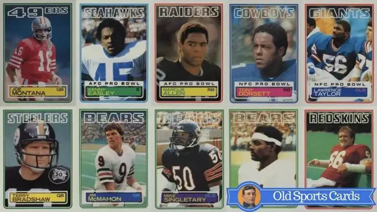 A collage of the most valuable cards from the 1983 Topps Football sports card set.